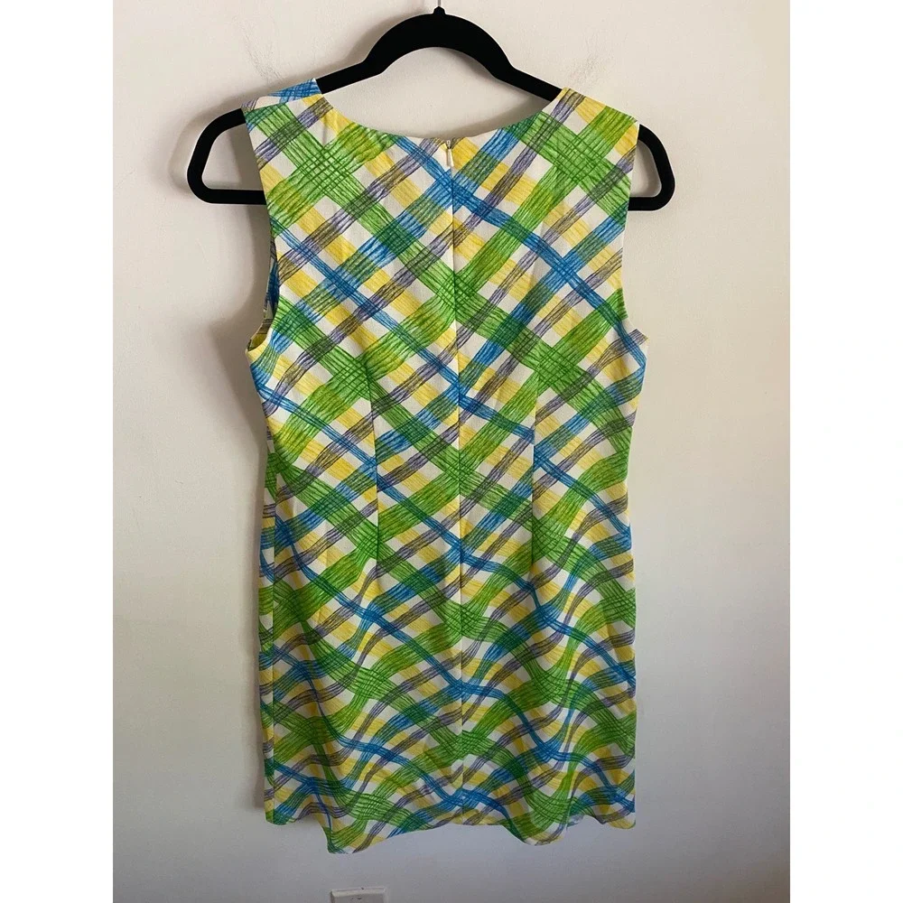 Vintage Mod Plaid Shift Dress Green Yellow‎ Blue Sleeveless Size 11